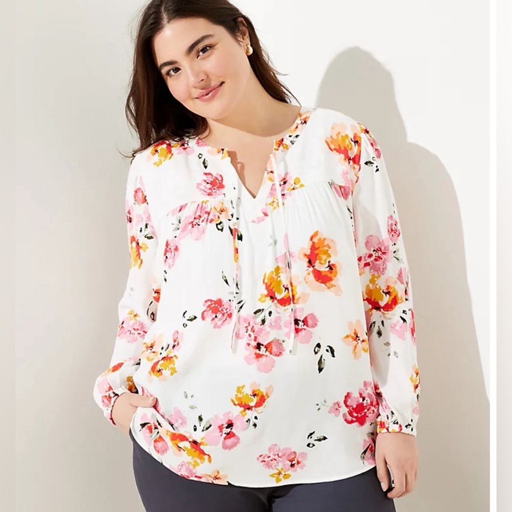 LOFT White Blossom Shirred Split Neck Blouse Size S